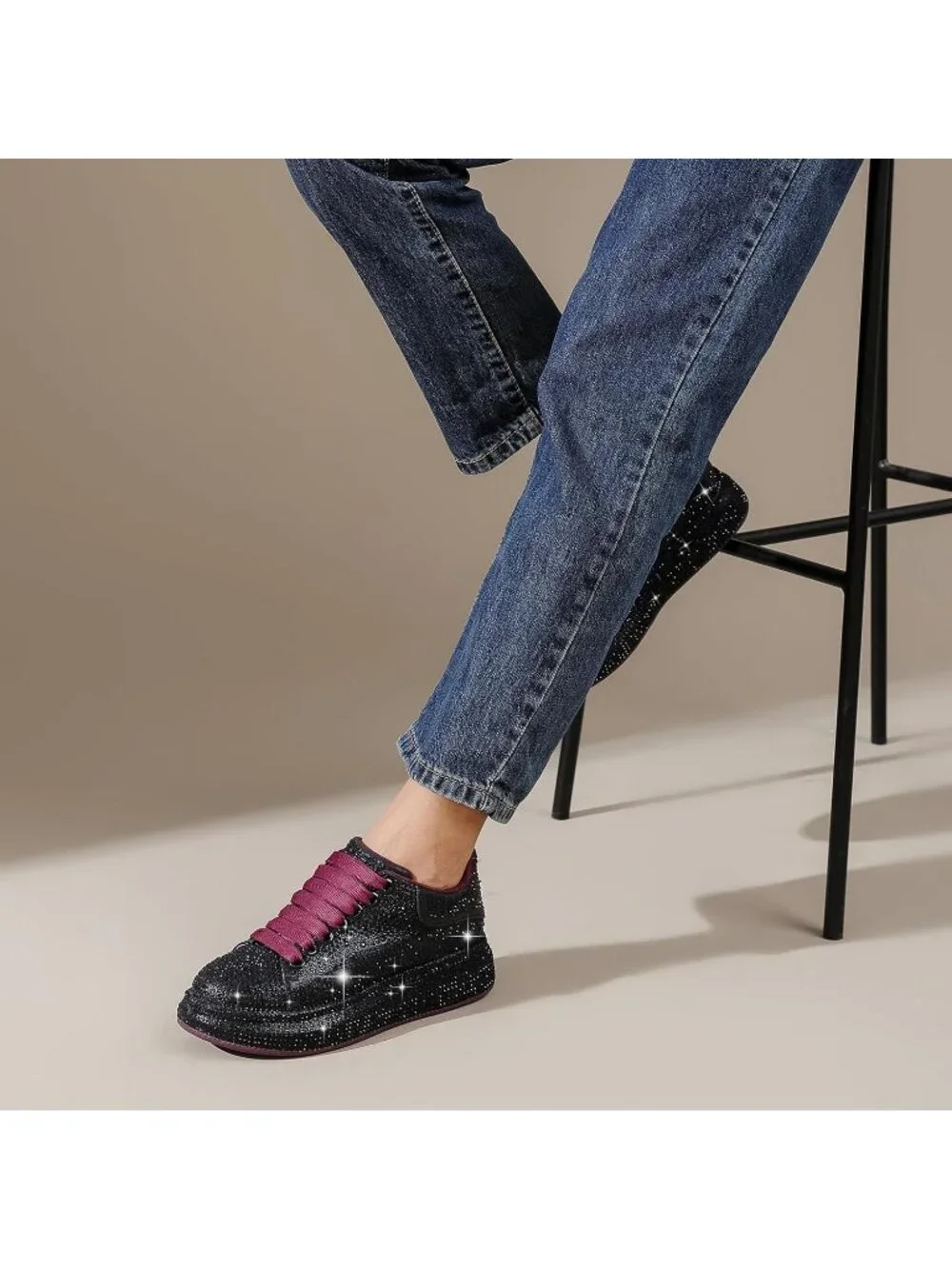 Women's Black Red Glitter Neon Dressy Sparkly Rhinestone Bling Comfort Sneakers